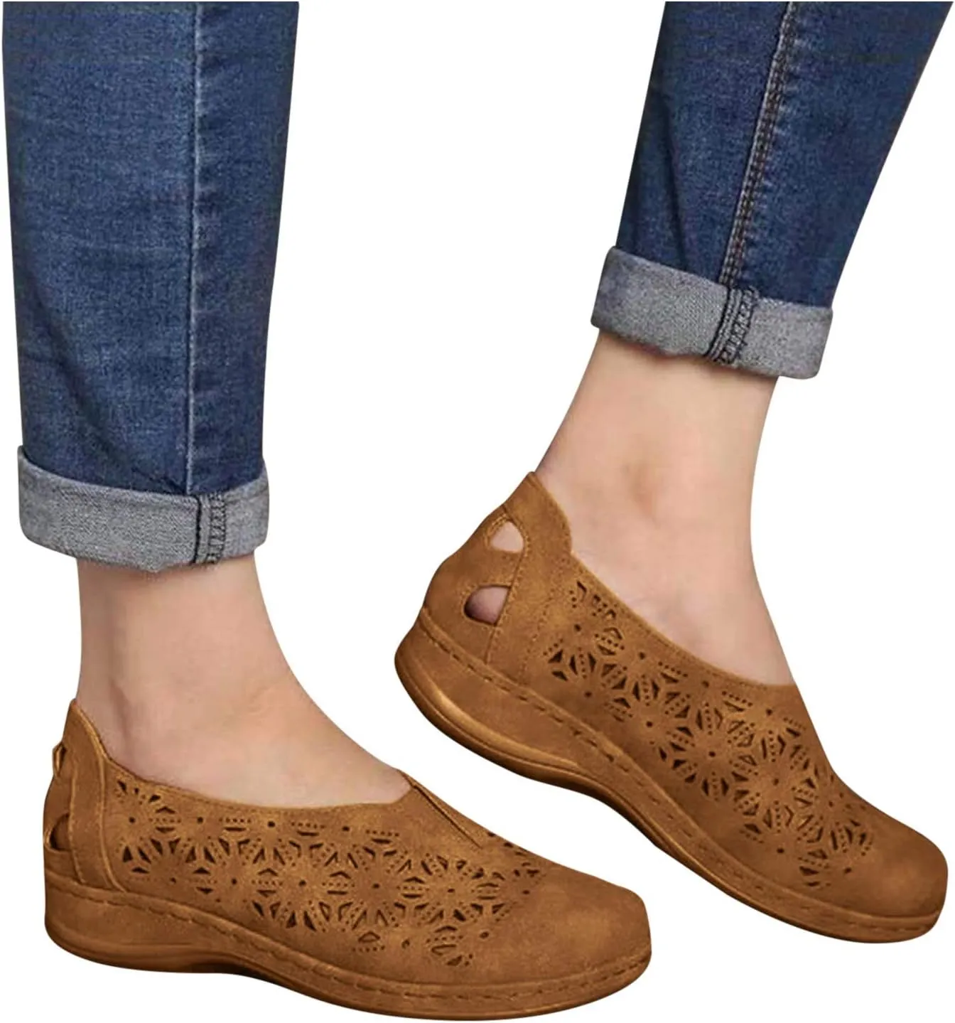 Summer Hollow Out Sandals for Women Casual Retro Flat Shoes Closed Toe Breathable Slip-On Beach Sandal
