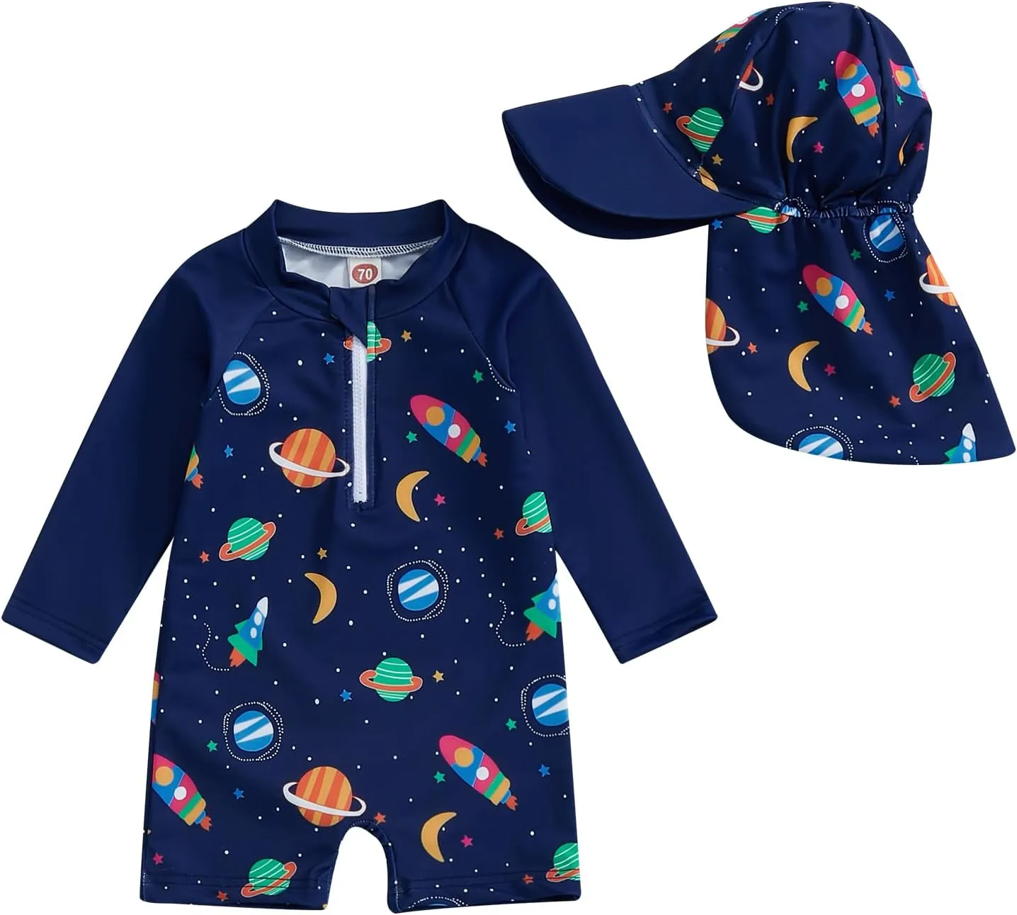 Toddler Baby Boy Swimsuit Long Sleeve Zipper One Piece Bathing Suit Rash Guard Sun Protection Swimwear with Hat