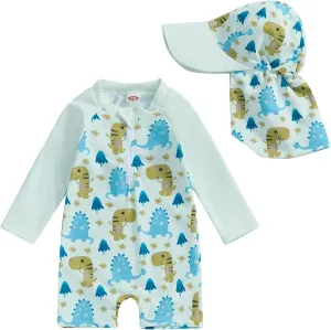 Toddler Baby Boy Swimsuit Long Sleeve Zipper One Piece Bathing Suit Rash Guard Sun Protection Swimwear with Hat