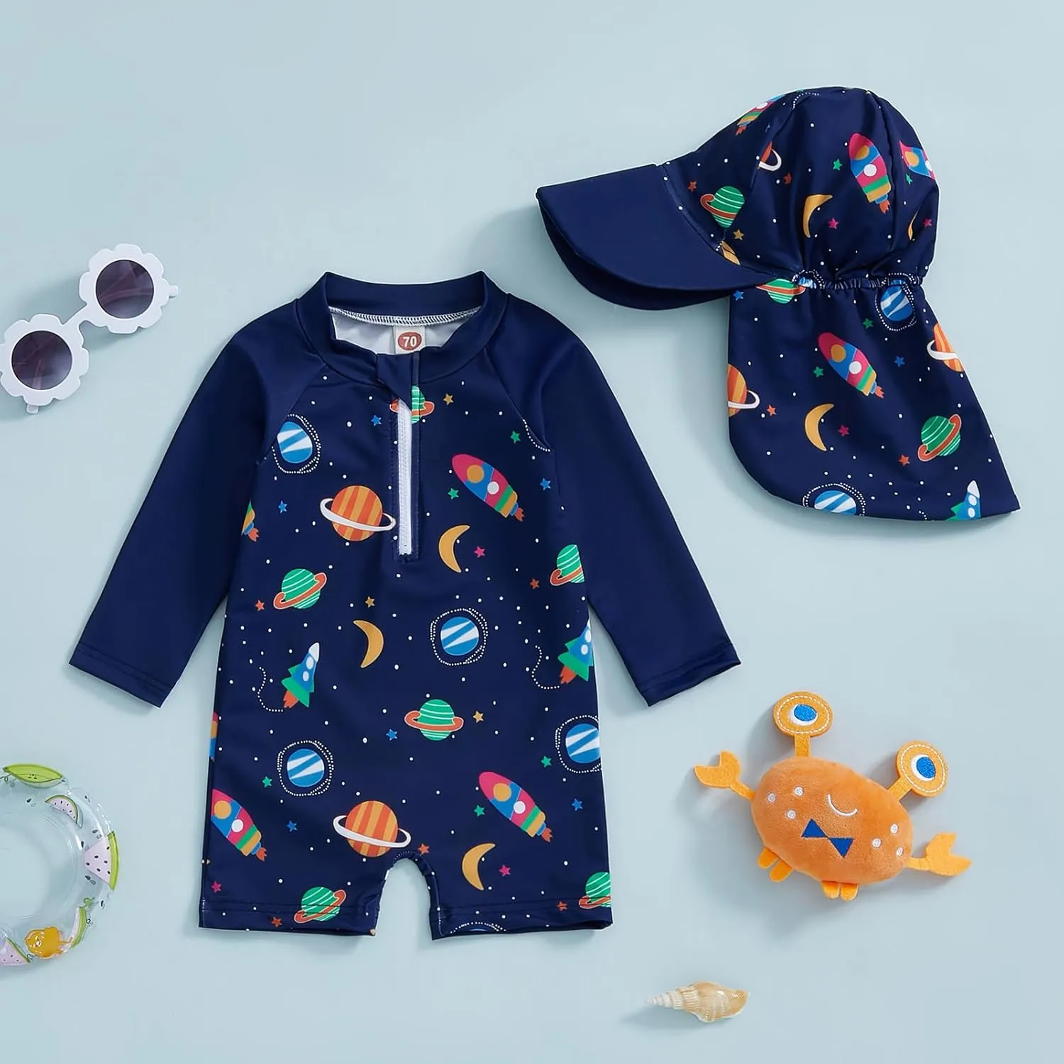 Toddler Baby Boy Swimsuit Long Sleeve Zipper One Piece Bathing Suit Rash Guard Sun Protection Swimwear with Hat