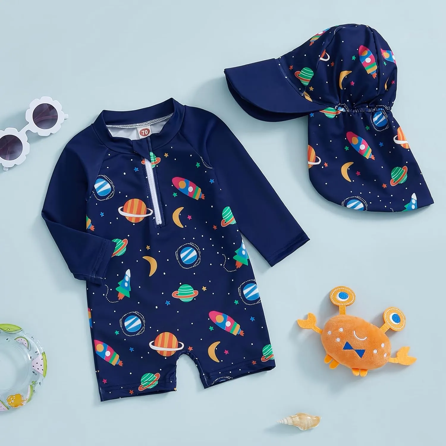 Toddler Baby Boy Swimsuit Long Sleeve Zipper One Piece Bathing Suit Rash Guard Sun Protection Swimwear with Hat