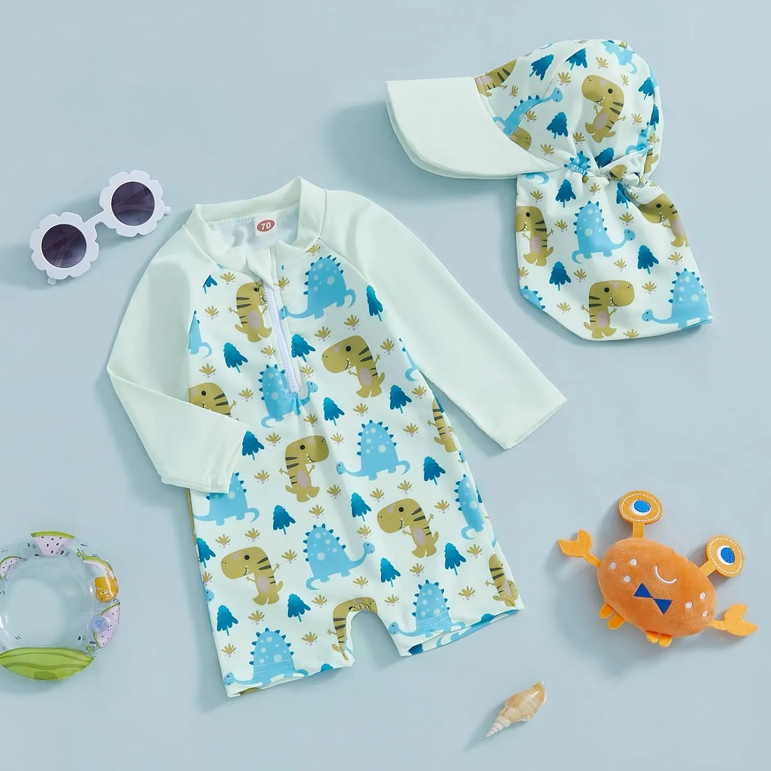 Toddler Baby Boy Swimsuit Long Sleeve Zipper One Piece Bathing Suit Rash Guard Sun Protection Swimwear with Hat