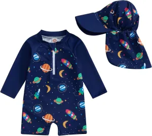 Toddler Baby Boy Swimsuit Long Sleeve Zipper One Piece Bathing Suit Rash Guard Sun Protection Swimwear with Hat