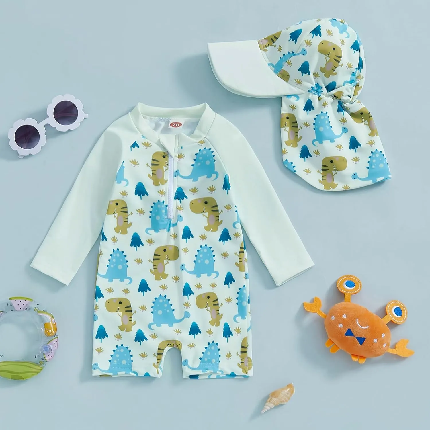 Toddler Baby Boy Swimsuit Long Sleeve Zipper One Piece Bathing Suit Rash Guard Sun Protection Swimwear with Hat