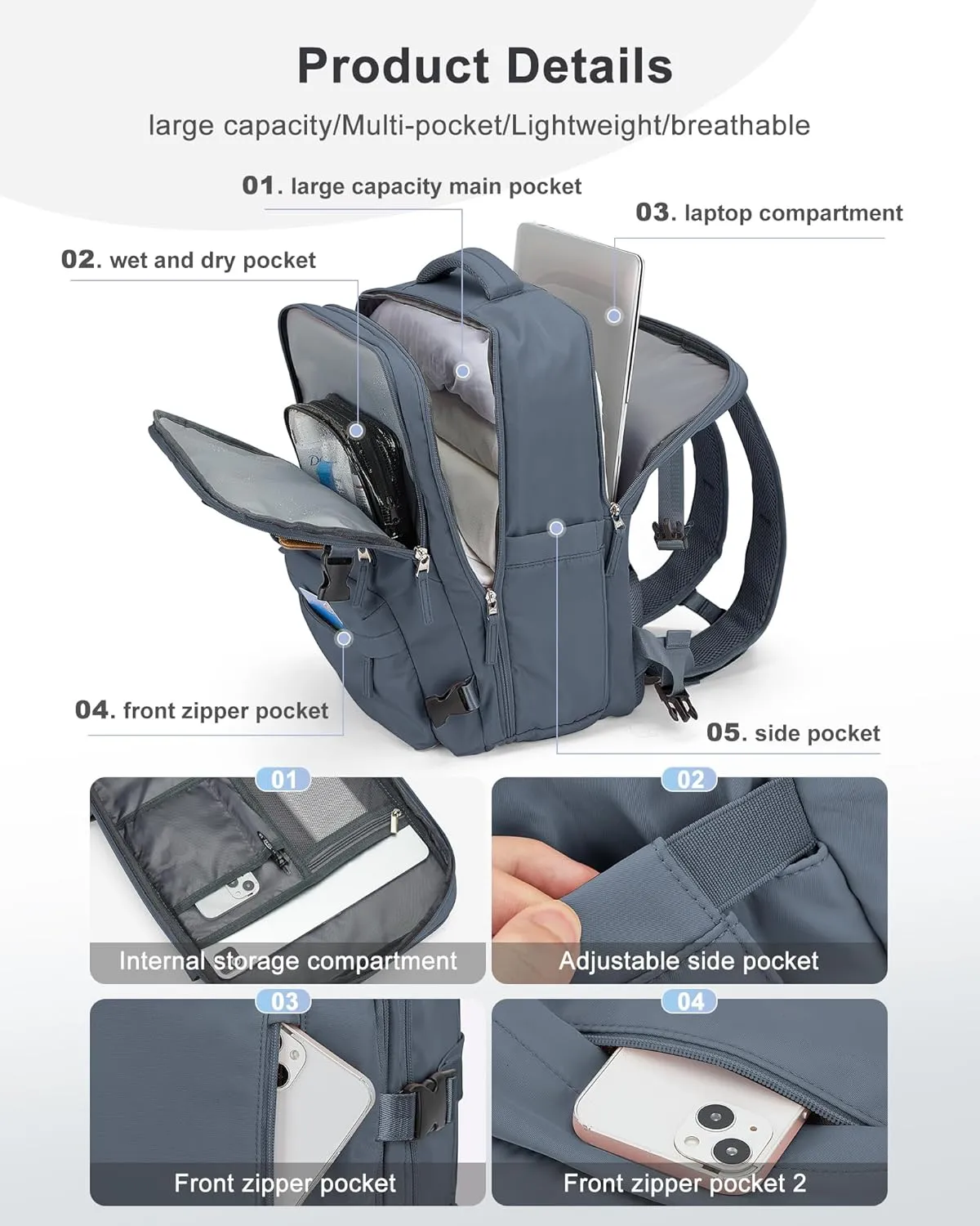 VECAVE Carry On Backpack for Women,Large Travel Backpack Flight Approved,Waterproof 17 Inch Laptop Backpack Business Work Backpacks Men Mochila De Viaje Blue
