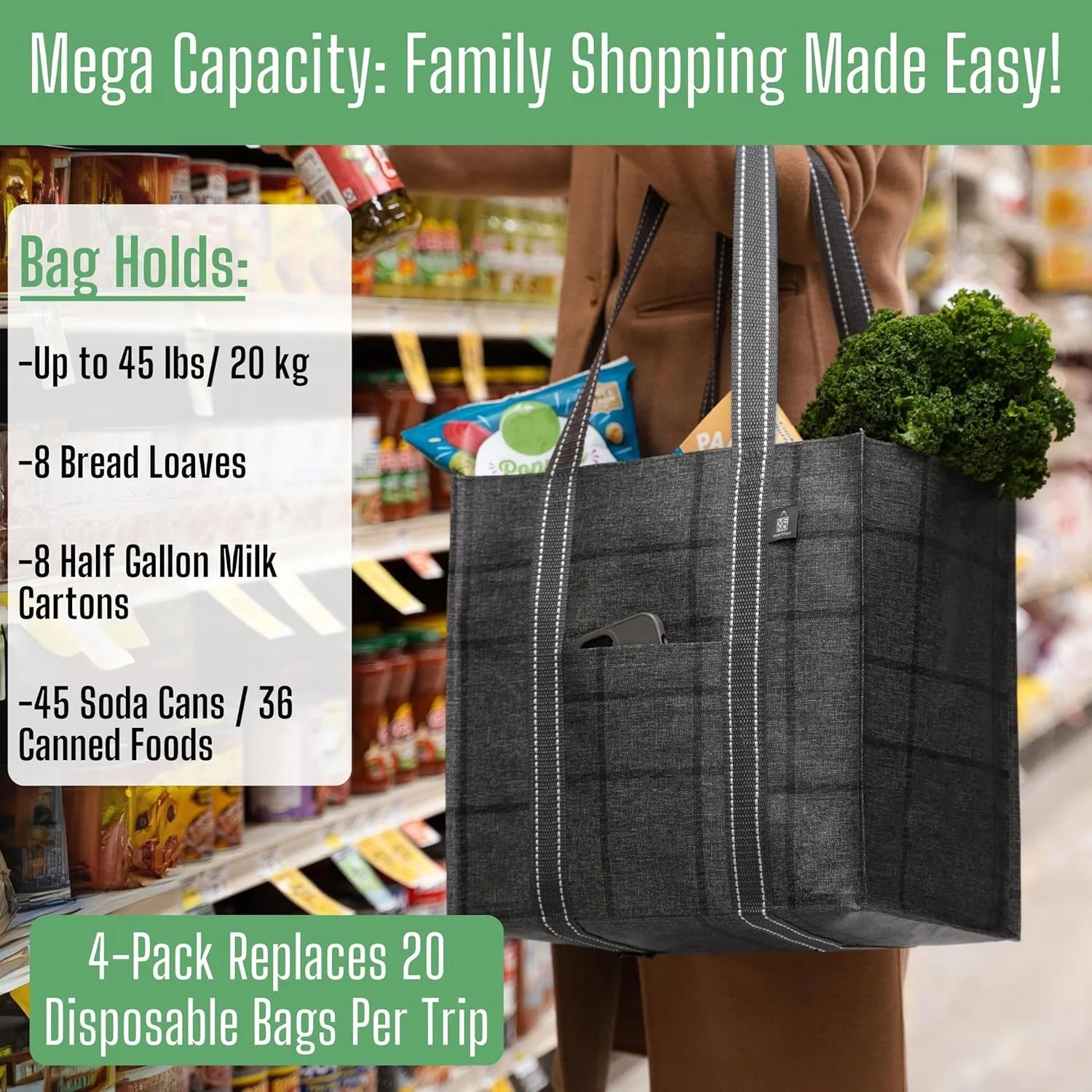 VENO 4 Pack Reusable Grocery Bags with Hard Bottom, Heavy-Duty Shopping Bags for Shopping Cart (Windowpane, 4 Pack)