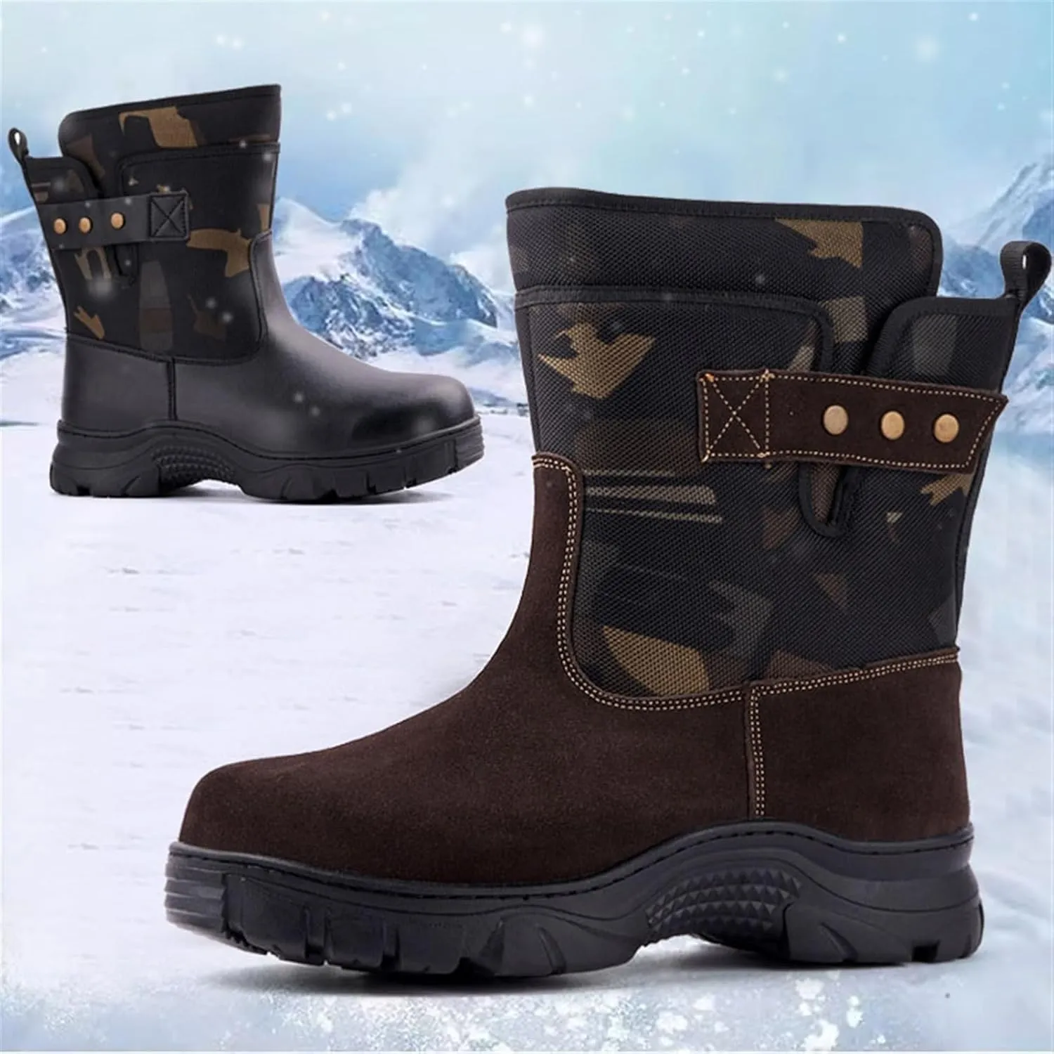 Waterproof Snow Boots for Men, Men Plus Size Extra Camouflage Fur Lined Warm Snow Boots, Outdoor Wear Resistant Anti Slip Tall Snow Boots, for Work, Walking, Hiking, Outdoor