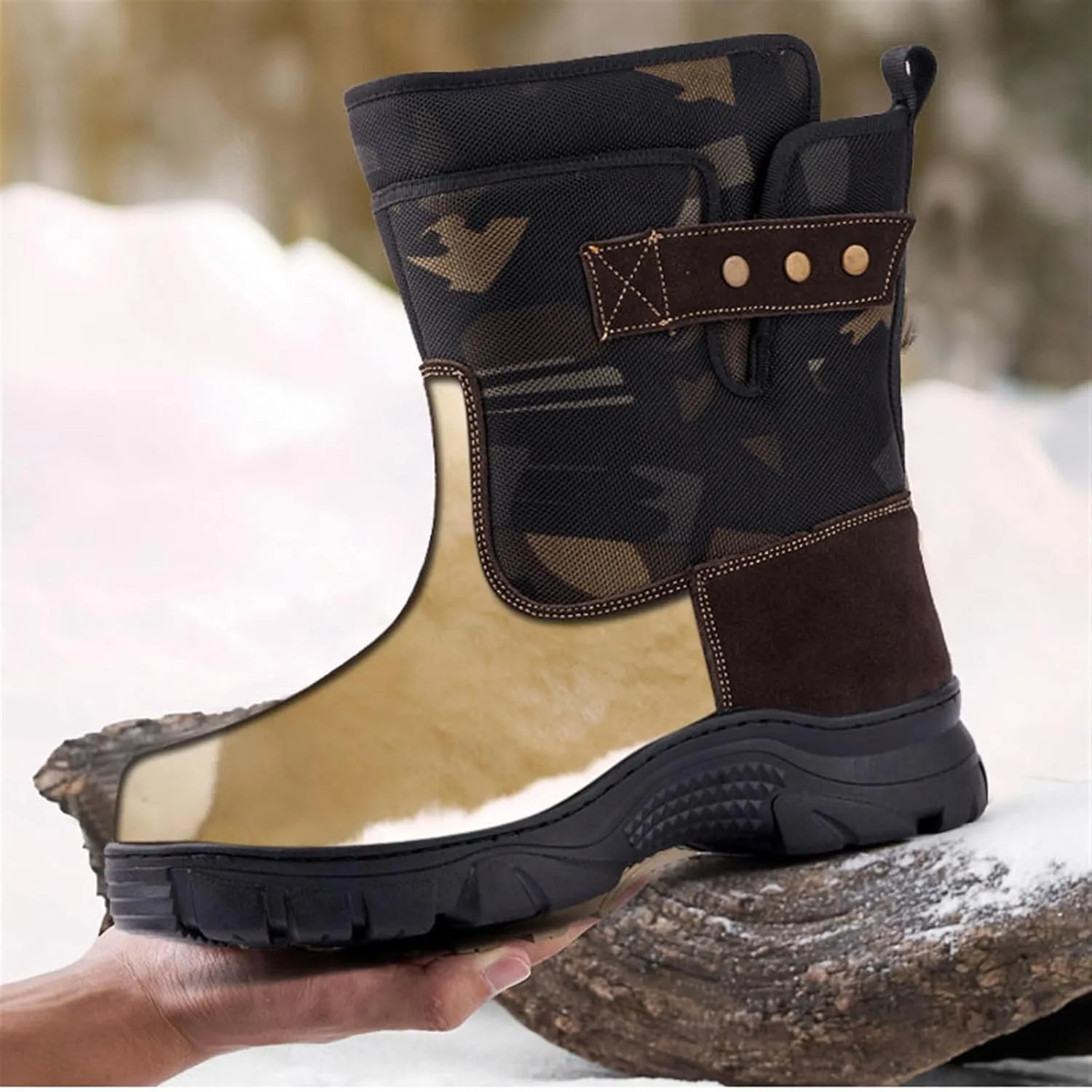 Waterproof Snow Boots for Men, Men Plus Size Extra Camouflage Fur Lined Warm Snow Boots, Outdoor Wear Resistant Anti Slip Tall Snow Boots, for Work, Walking, Hiking, Outdoor