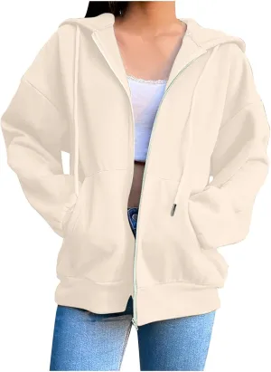 Women's 2024 Fall Zip Up Hoodies Sweatshirt Solid Color Long Sleeve Oversized Coat Casual Cozy Fall Winter Outfits