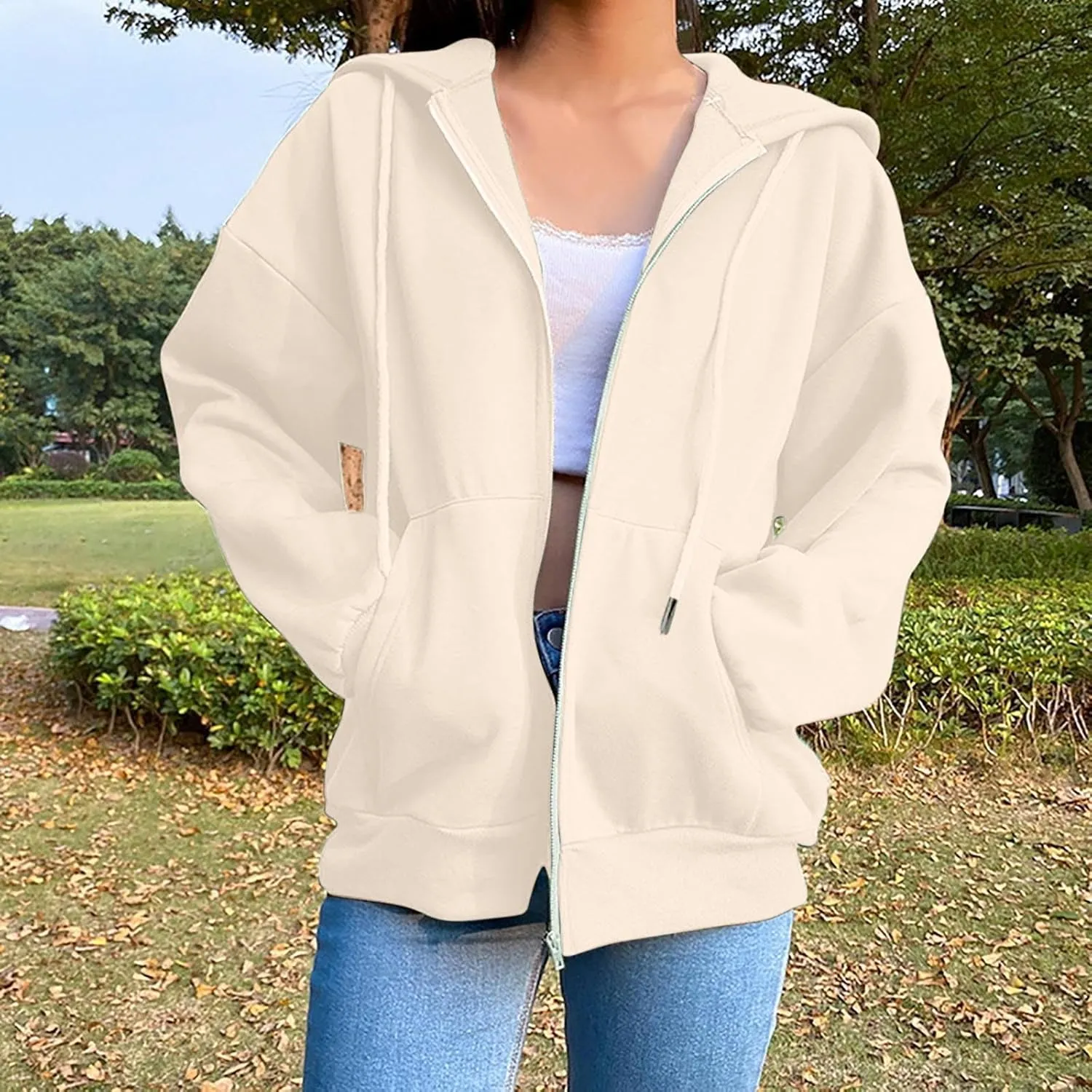Women's 2024 Fall Zip Up Hoodies Sweatshirt Solid Color Long Sleeve Oversized Coat Casual Cozy Fall Winter Outfits