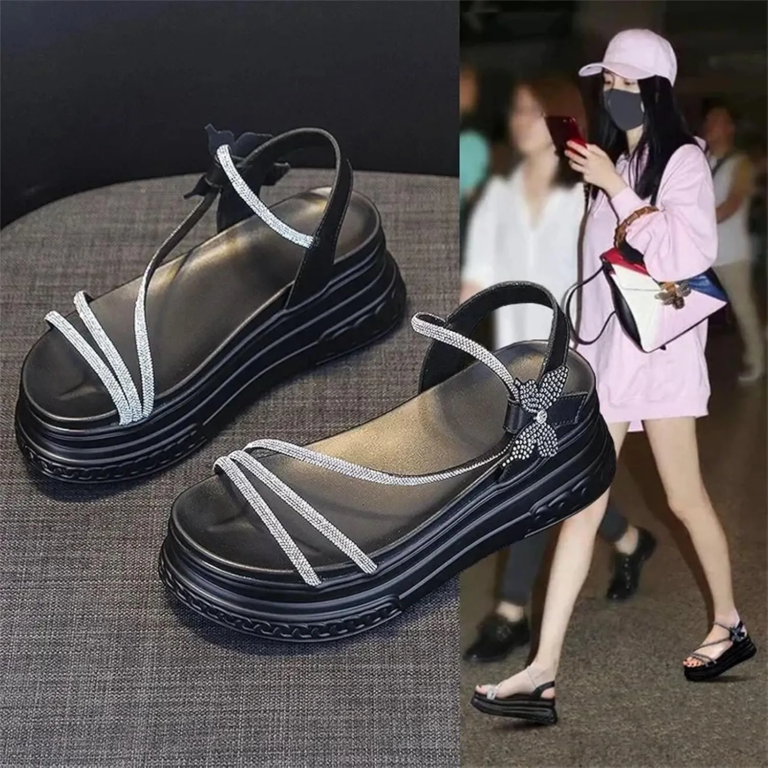 Women's Bling Gladiator Sandals - 7cm Chunky Platform Peep Toe Summer Beach