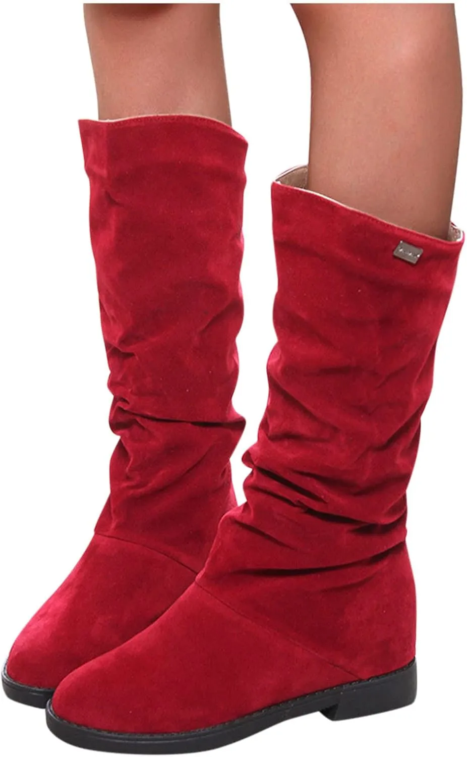 Womens Boots Fashion Pleated Thick Heel Waterproof Boots for Women Warm Comfortable Soft Leather Mid-Calf Boots