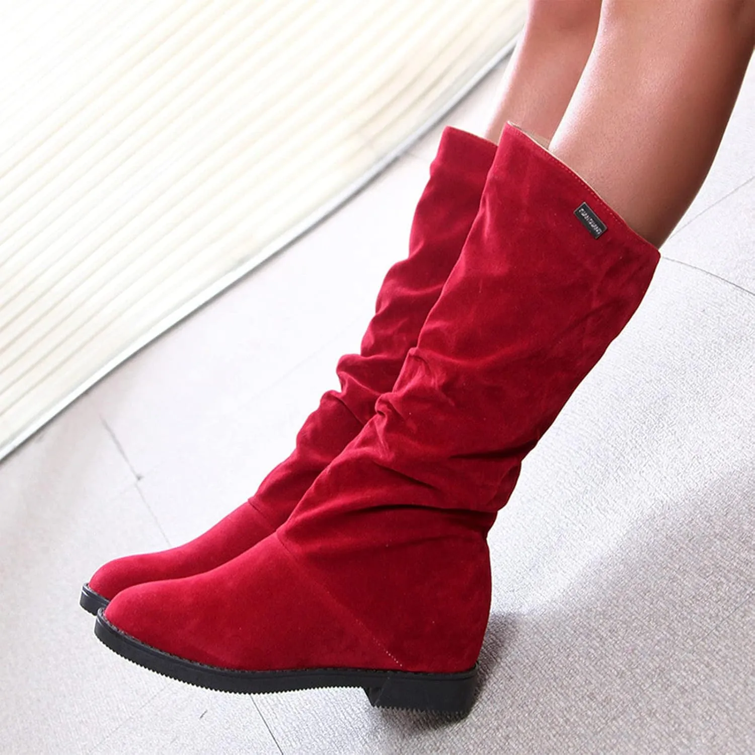 Womens Boots Fashion Pleated Thick Heel Waterproof Boots for Women Warm Comfortable Soft Leather Mid-Calf Boots