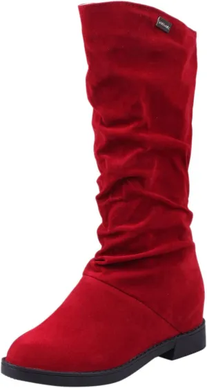 Womens Boots Fashion Pleated Thick Heel Waterproof Boots for Women Warm Comfortable Soft Leather Mid-Calf Boots