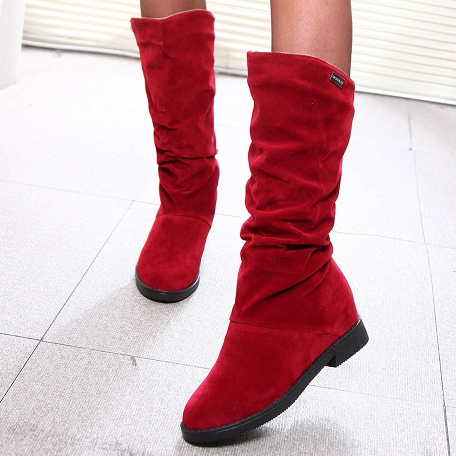 Womens Boots Fashion Pleated Thick Heel Waterproof Boots for Women Warm Comfortable Soft Leather Mid-Calf Boots