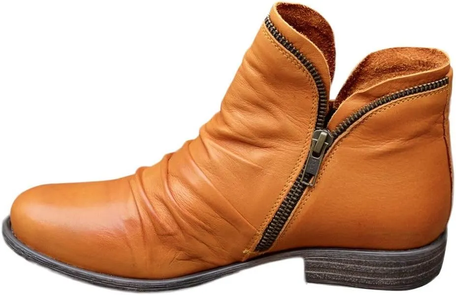 Womens Boots Fashion Side Zipper Solid Color Retro Boots for Women Chunky Heel Cozy Leather Casual Ankle Boots