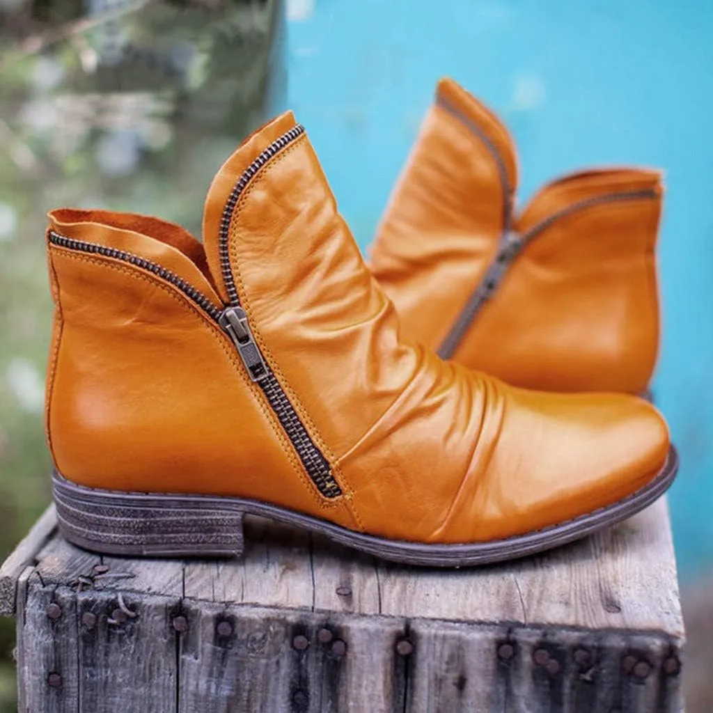 Womens Boots Fashion Side Zipper Solid Color Retro Boots for Women Chunky Heel Cozy Leather Casual Ankle Boots