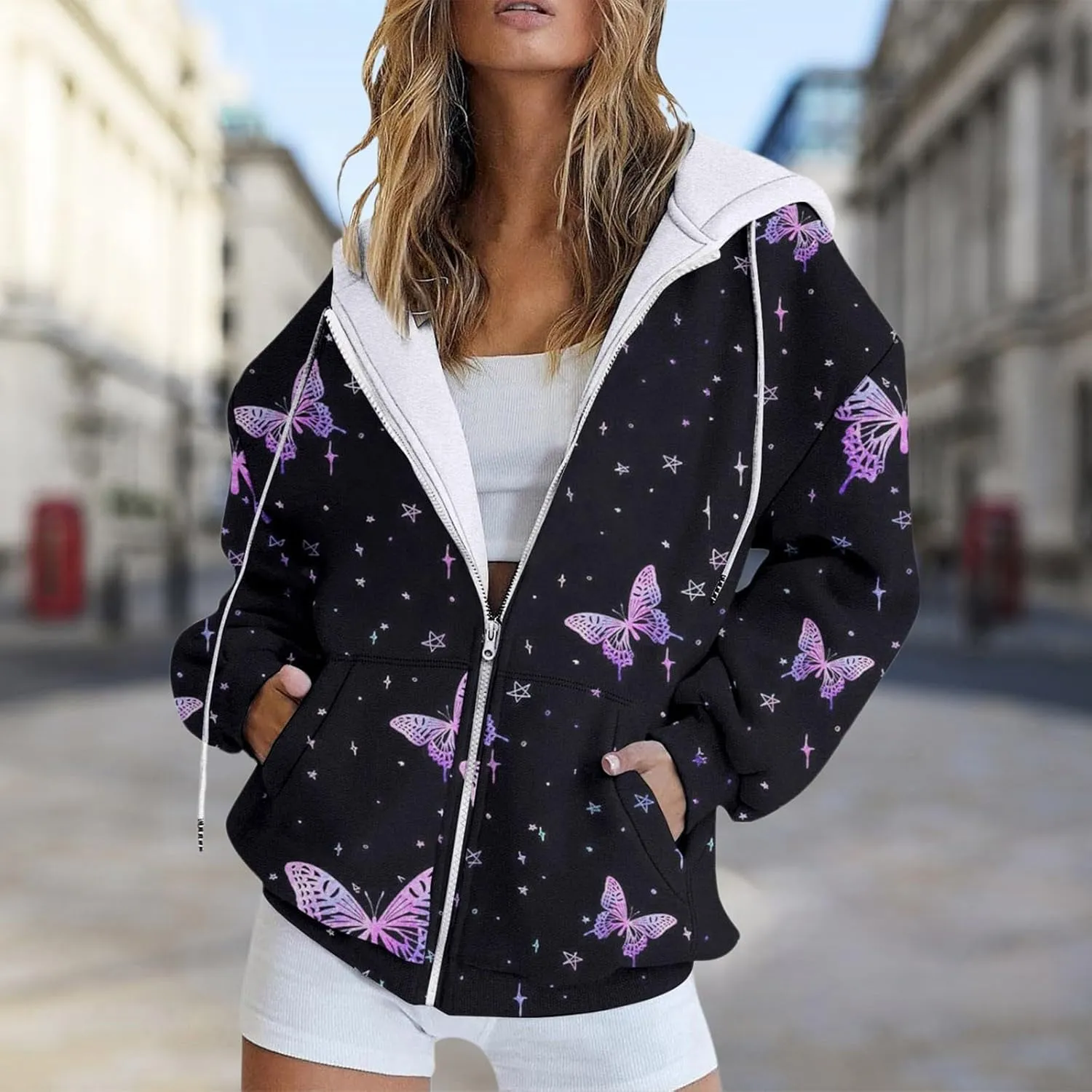 Women's Drawstring Long Sleeve Hoodies Zip Up Sweatshirt Full-Zip Fleece Hoodie Available In Large and Tall Sizes