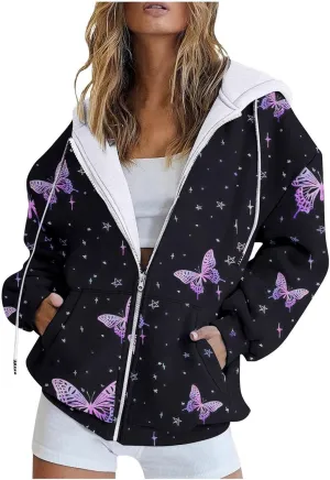 Women's Drawstring Long Sleeve Hoodies Zip Up Sweatshirt Full-Zip Fleece Hoodie Available In Large and Tall Sizes