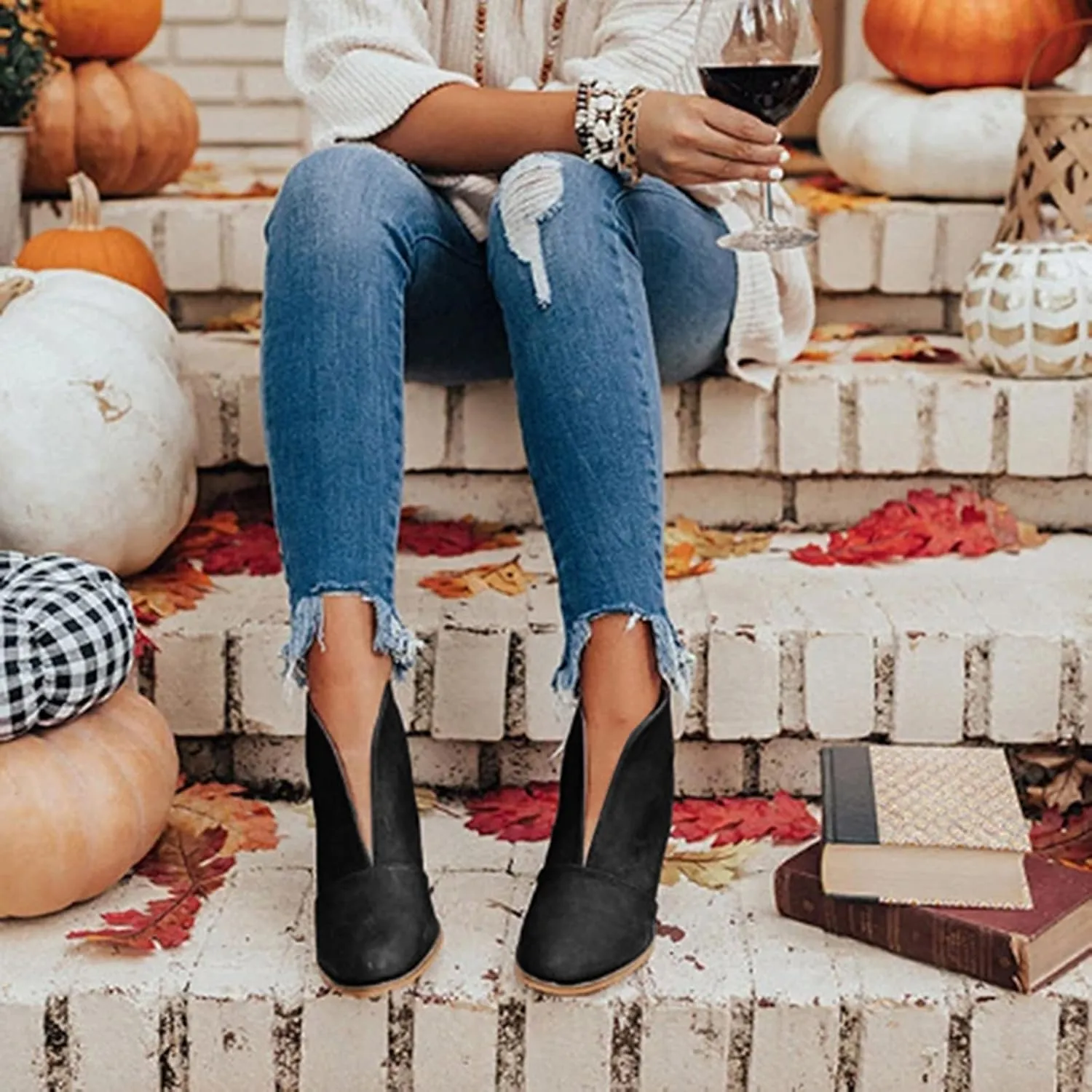Womens Shoes Fashion Slip On Short Heel Boots for Women Soft Comfortable PU Leather Solid Color Ankle Boots