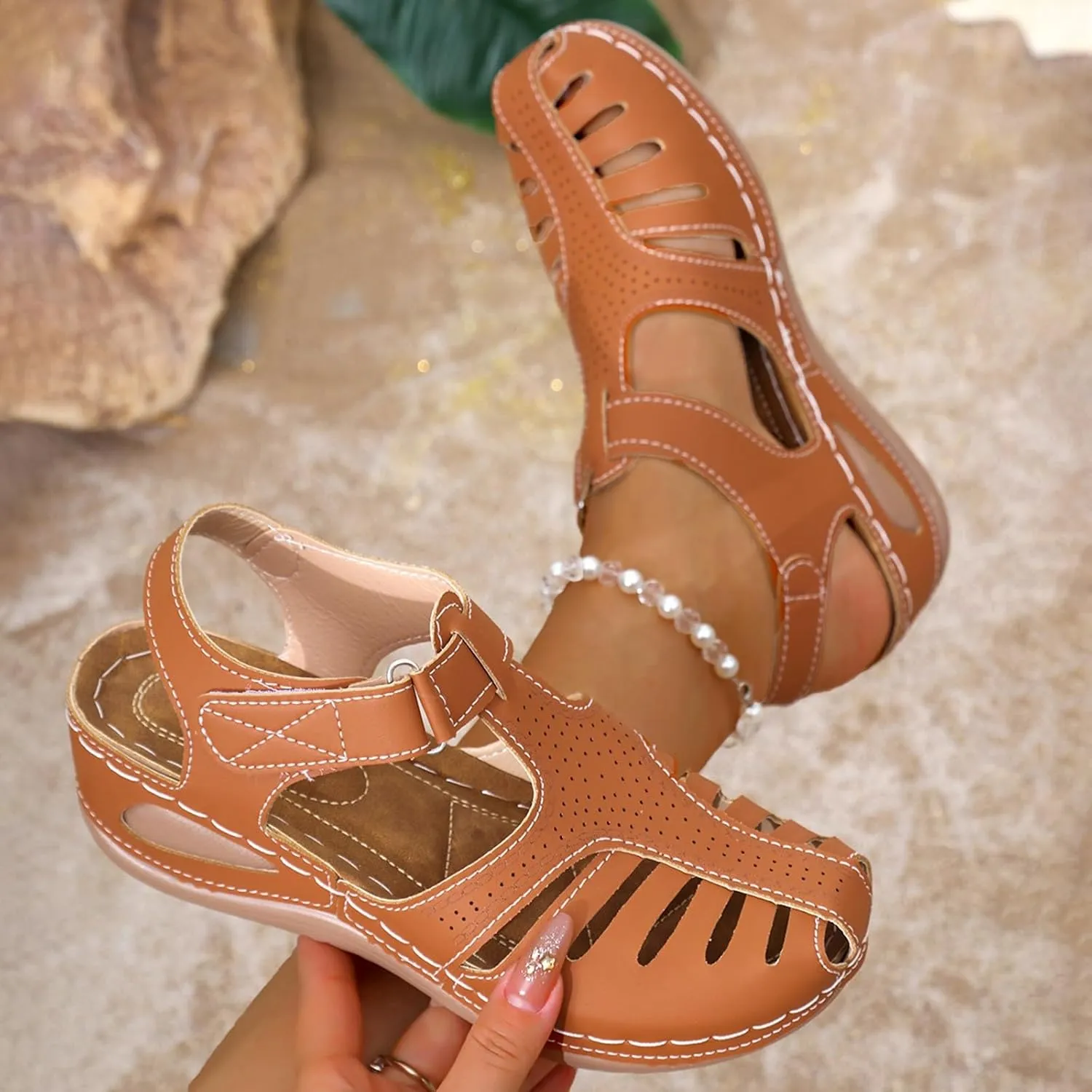 Womens Summer Sandals Casual Bohemia Gladiator Closed Toe Wedge Shoes Comfort Ankle Strap Slip On Platform Orthopedic Sandals with Arch Support
