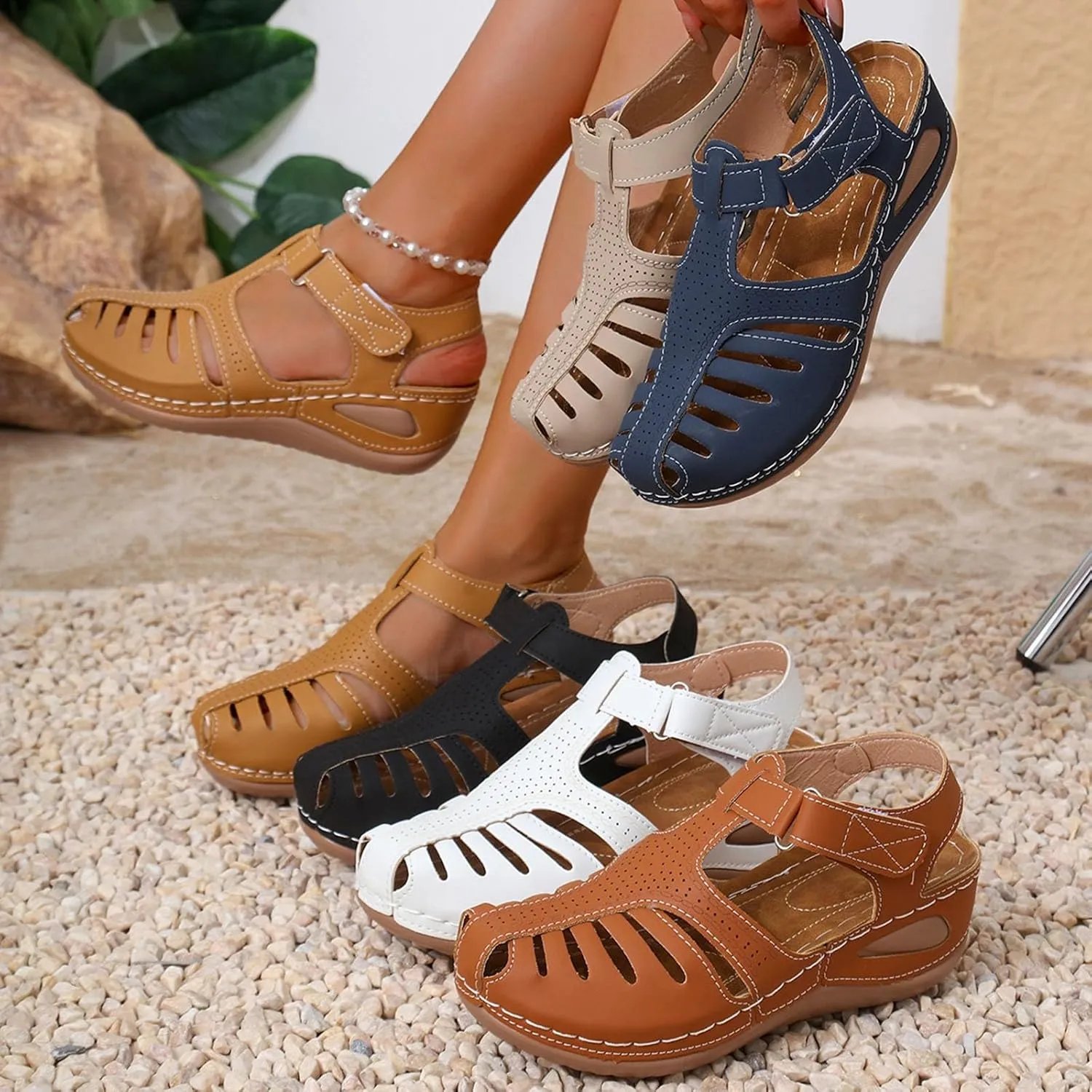 Womens Summer Sandals Casual Bohemia Gladiator Closed Toe Wedge Shoes Comfort Ankle Strap Slip On Platform Orthopedic Sandals with Arch Support