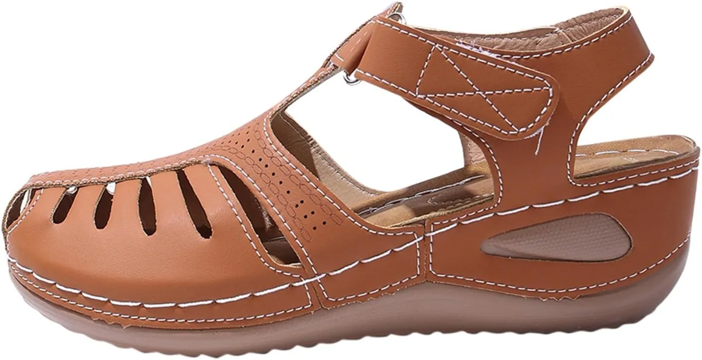 Womens Summer Sandals Casual Bohemia Gladiator Closed Toe Wedge Shoes Comfort Ankle Strap Slip On Platform Orthopedic Sandals with Arch Support