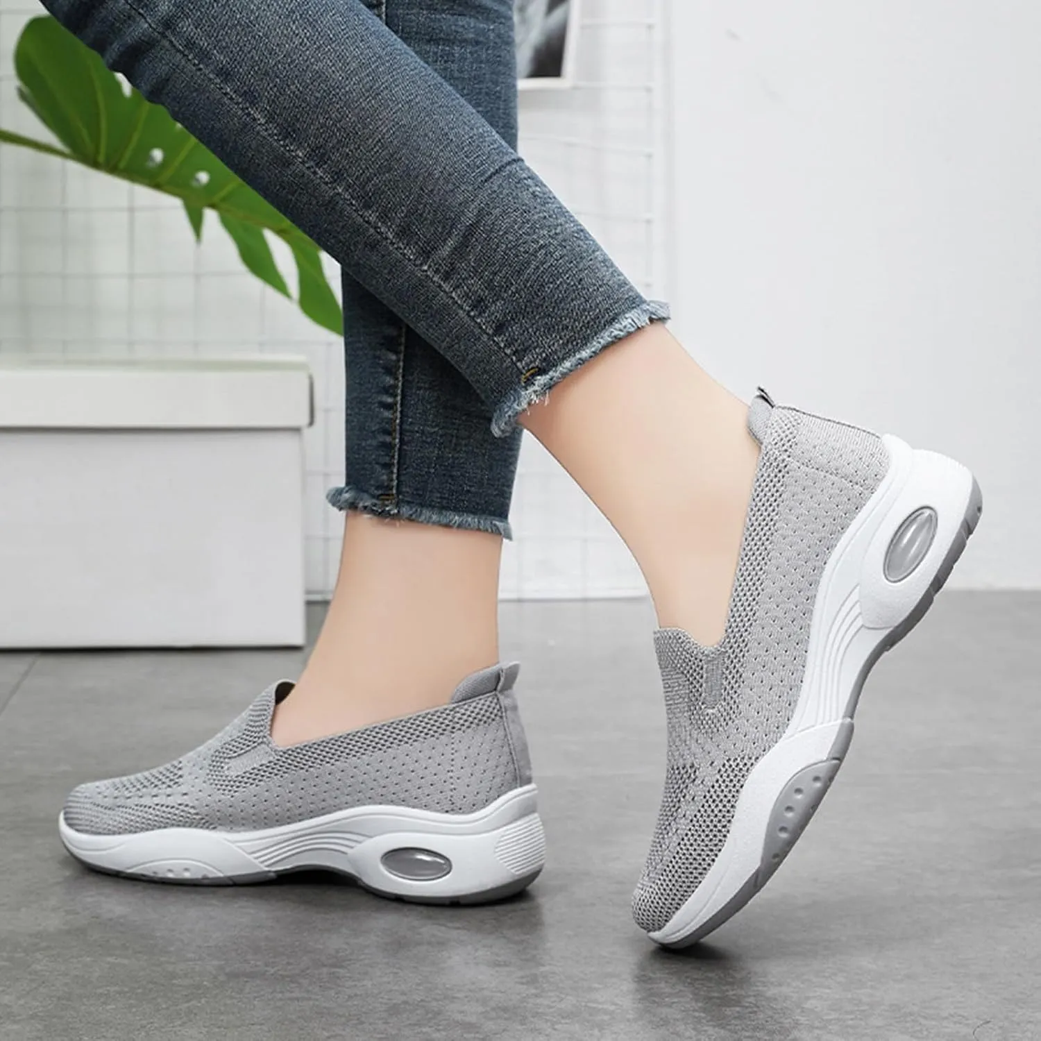 Womens Walking Shoes Sock Sneakers Slip-On Light Air Cushion Mesh Breathable Comfortable Casual Ladies Air Cushion Athletic Shoes for Arch Support Jogging Shoe