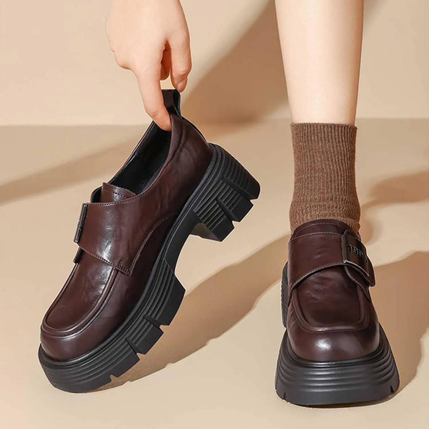 WUIWUIYU Women Youth Girls Loafers Platform Chunky Heel Slip-on Casual Winter Loafer Shoes Cosplay Costume Leather Dress Platform Loafers