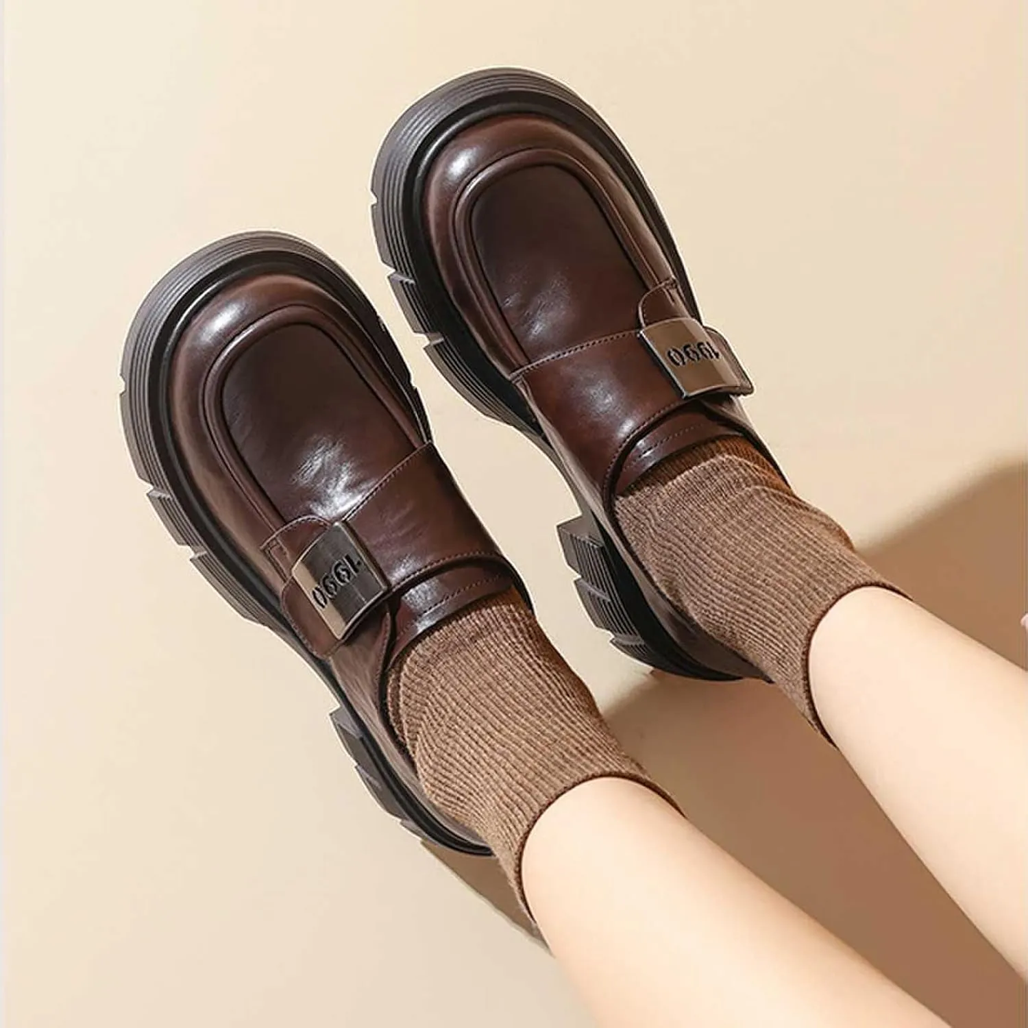 WUIWUIYU Women Youth Girls Loafers Platform Chunky Heel Slip-on Casual Winter Loafer Shoes Cosplay Costume Leather Dress Platform Loafers