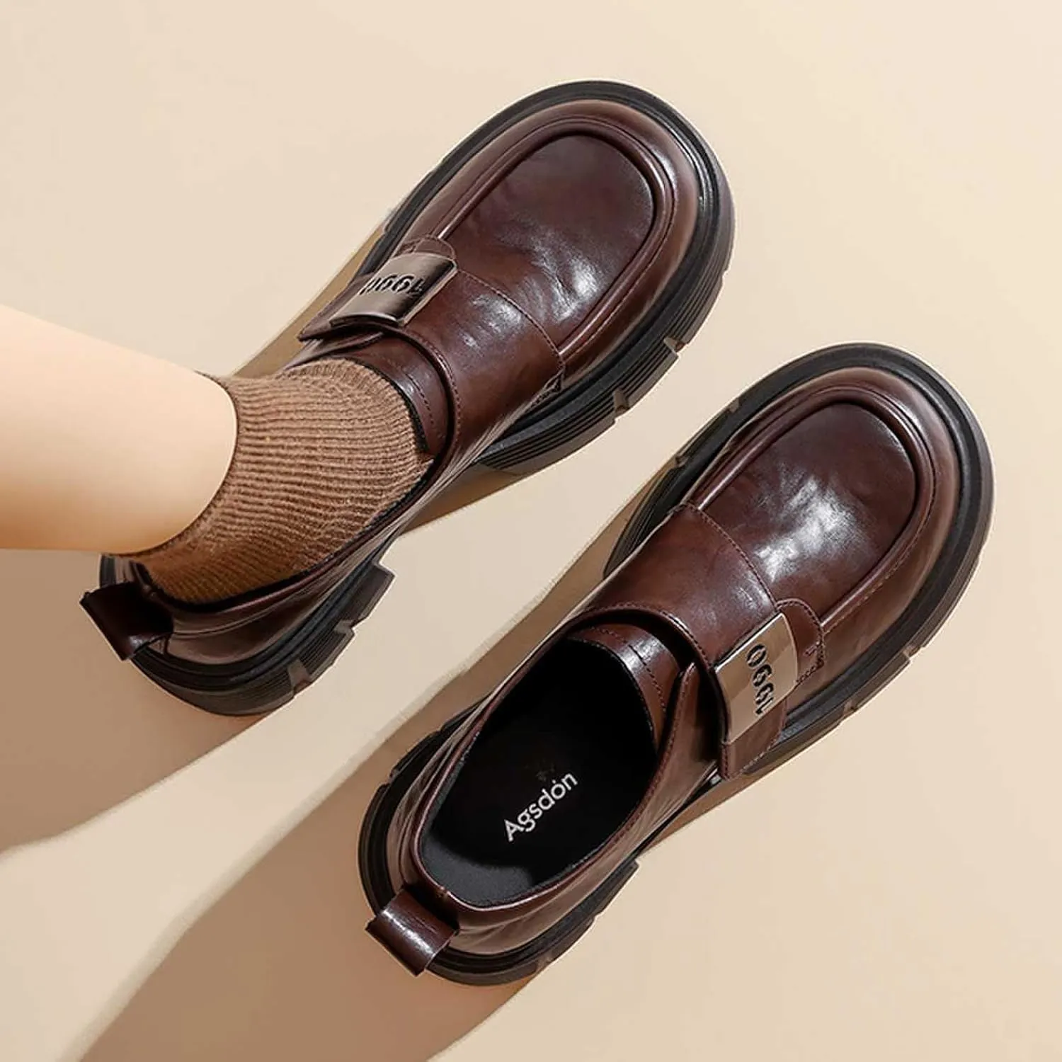 WUIWUIYU Women Youth Girls Loafers Platform Chunky Heel Slip-on Casual Winter Loafer Shoes Cosplay Costume Leather Dress Platform Loafers