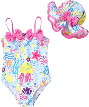 YOUNGER TREE Toddler Baby Girl Swimsuit Infant One Piece Bathing Suits with Hat Newborn Summer Beach Swimwear
