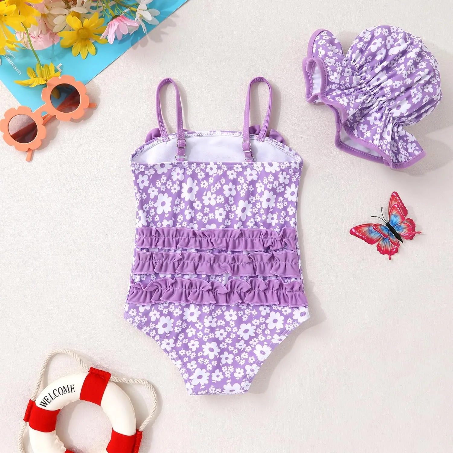 YOUNGER TREE Toddler Baby Girl Swimsuit Infant One Piece Bathing Suits with Hat Newborn Summer Beach Swimwear